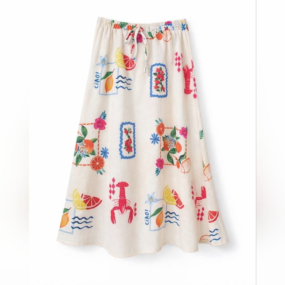 Colorful Tropical Print Midi Skirt – Fruit, Lobster & “Ciao” Motif, Size Large